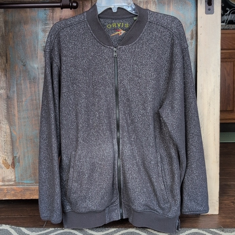 Orvis Heathered Dark Gray Bomber Jacket Full Zip Sweater - Men's Medium